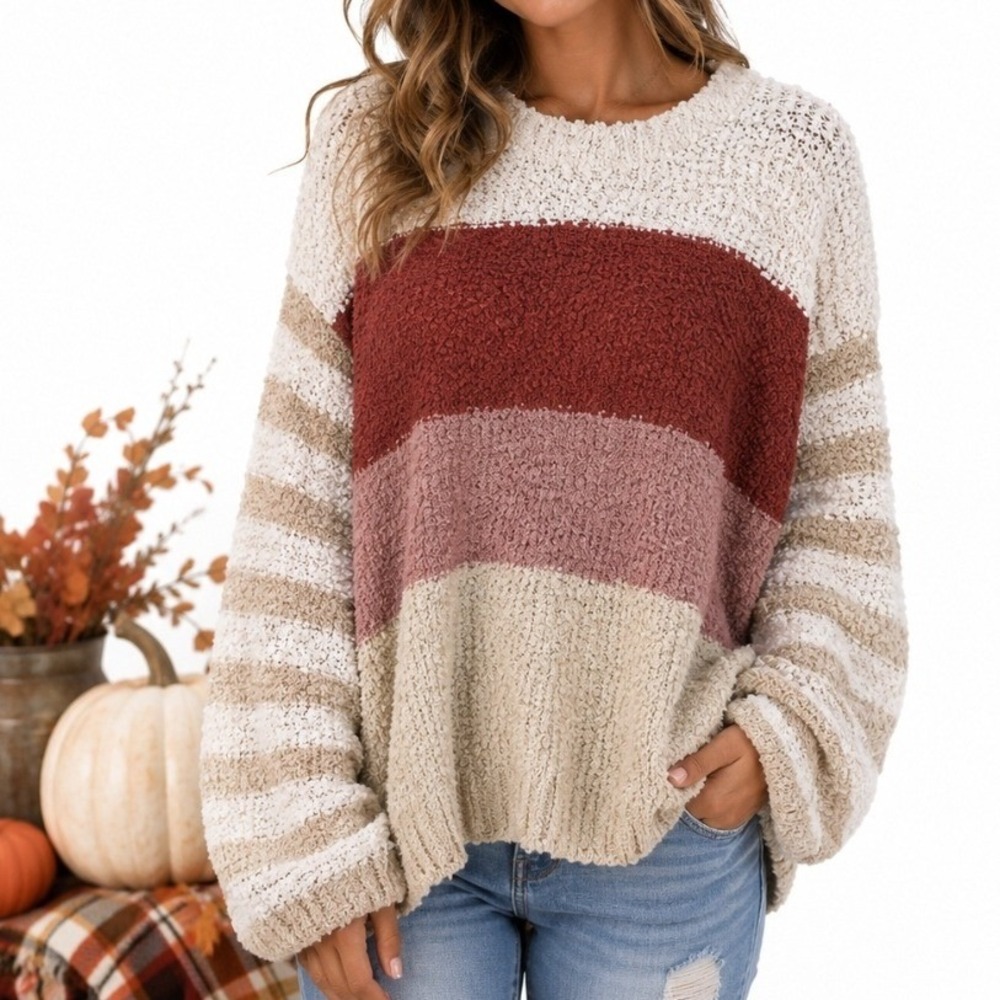 Macaron Cozy Colorblock Popcorn Knit Sweater Small Fall Essential J Bin
